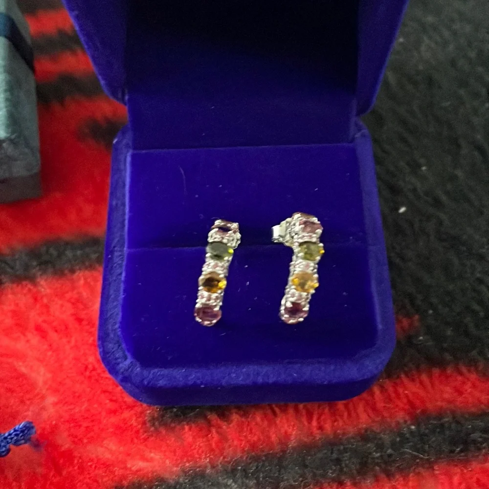 Lovely 925 Silver Earrings With Tourmaline Rhodolite Garnet Stones - Picture 1 of 5
